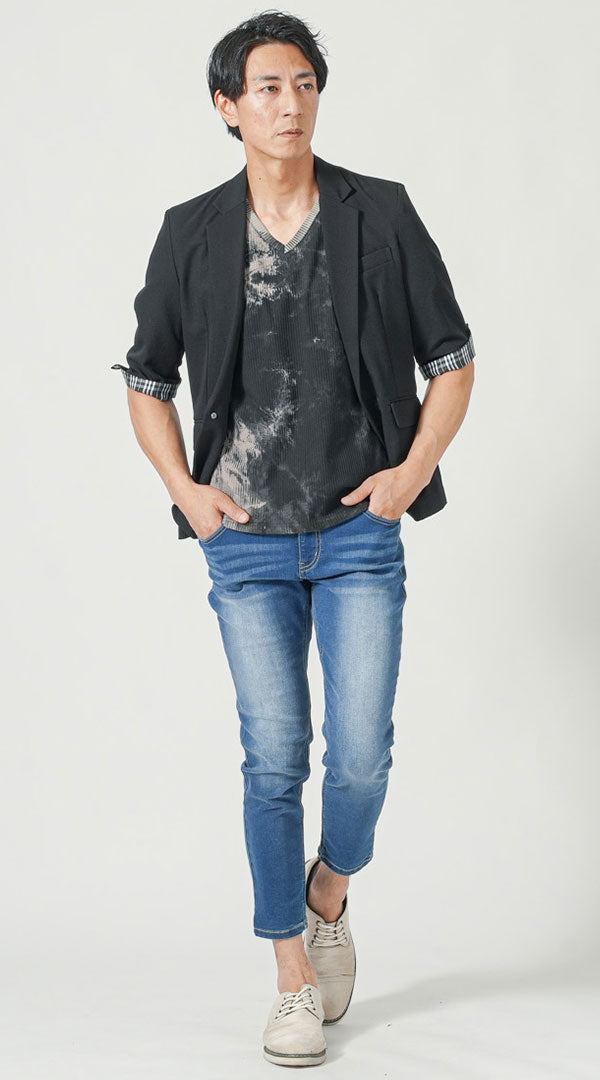 メンズ夏服トップス3点コーデセット　黒5分袖テーラードジャケット×白半袖Tシャツ×黒半袖Tシャツ