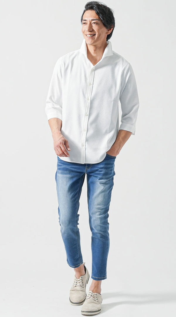 白七分袖シャツ　ブルーアンクルデニムパンツ　グレーシューズ　メンズ コーデ 40代 50代 男性 人気 春 夏 に合う おすすめ 着こなし おしゃれ かっこいい