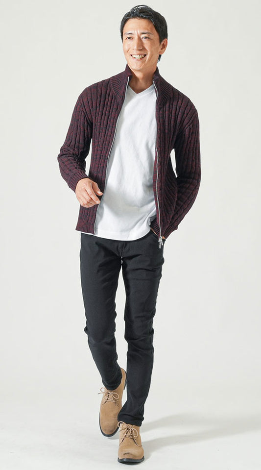 ワイン長袖スタンドニットアウター 白長袖Vネック長袖Tシャツ 黒スキニーカラーチノパンツ　ベージュブーツ　snp_qa1077