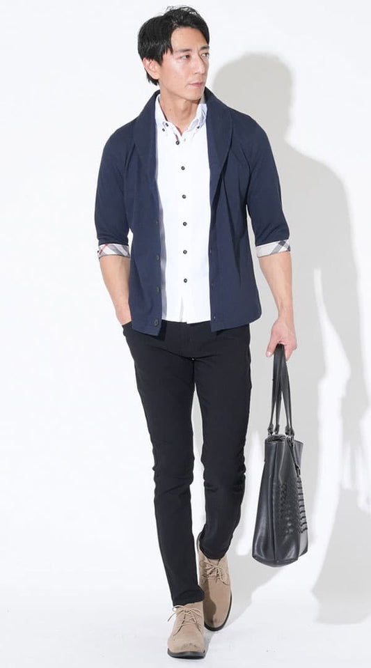 ネイビークールマックスショールカラー7分袖ジャケット　白ドライ加工前立てデザインボタンダウンシャツ　黒ストレッチ素材スキニーカラーチノパンツ　ベージュブーツ　snp_qs0666