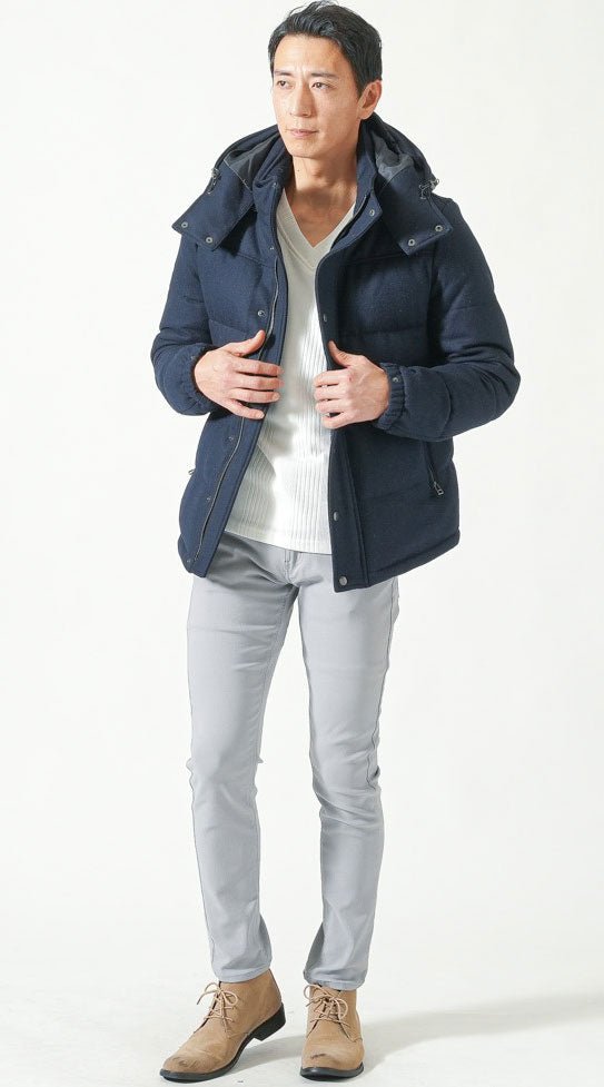 ダウンジャケット　vネックカットソー　チノパンツ　snp_qg0915