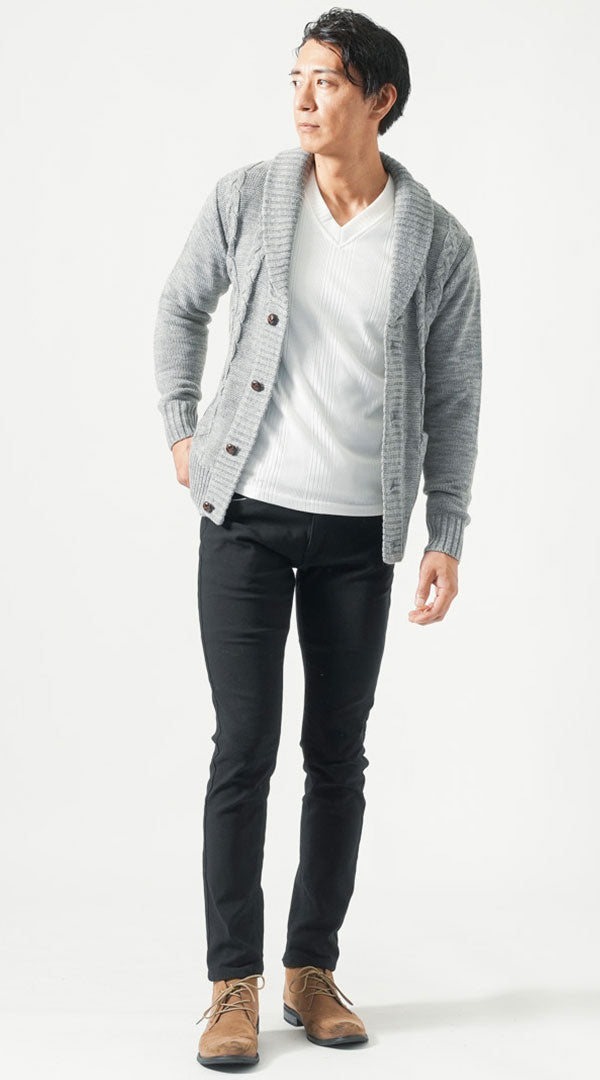 春アウター メンズ コーデ 60代 カジュアル ニットカーディガン きれいめ