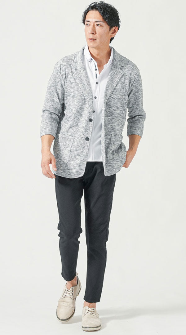 グレー七分袖テーラードジャケット　白半袖シャツ　黒スキニーテーパードアンクルチノパンツ　グレーシューズ　snp_pt0650