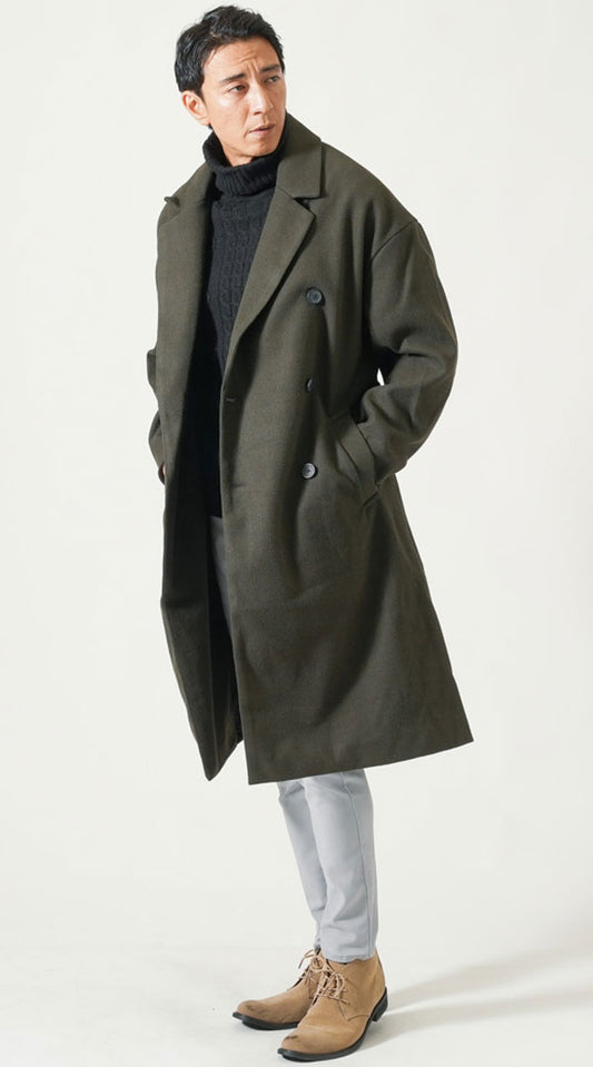 カーキベルト付トレンチロングコート 　黒アクリルタートルネックニット　グレースキニーカラーチノパンツ　ベージュブーツ　snp_qd0339