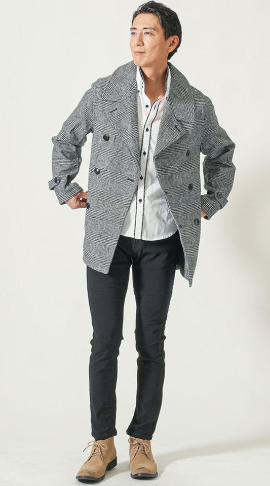 グレンチェックベルト付Pコート 　白美シルエットショート丈シャツ　黒スキニーカラーチノパンツ　ベージュブーツ　snp_qd0768