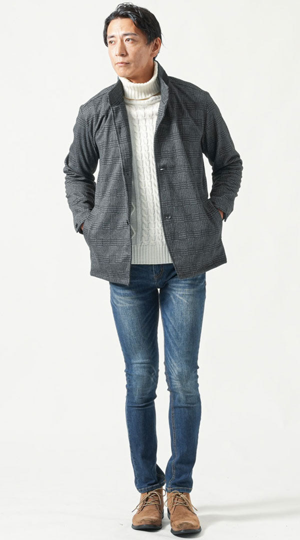 チャコールグレー長袖スタンドカラージャケット 白タートルネック