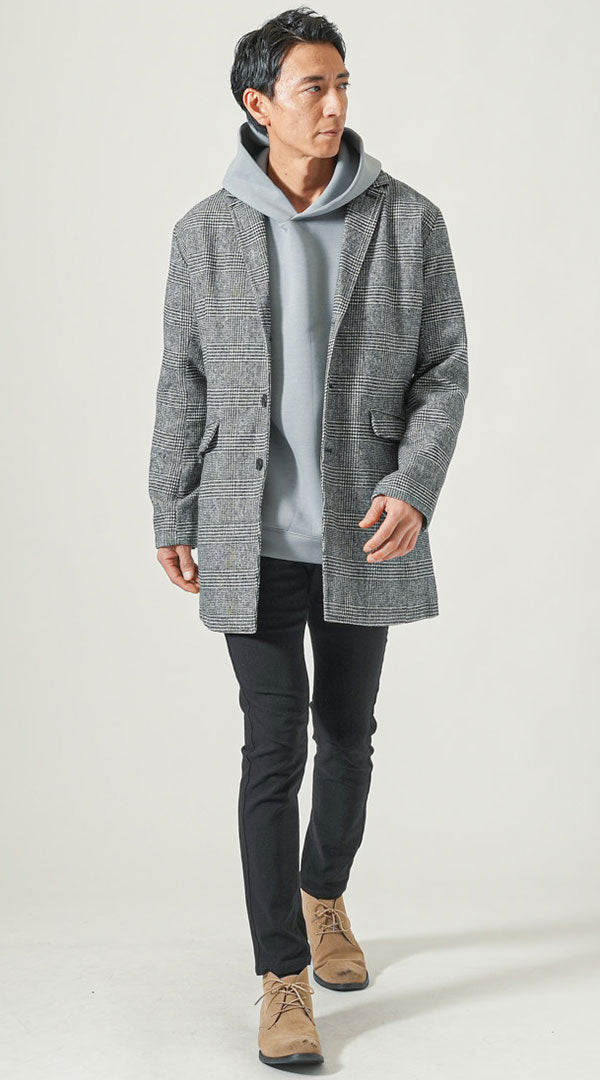 グレンチェックウール混チェスターコート　ブルーグレーゆったり長袖プルオーバーパーカー 　黒スキニーカラーチノパンツ　ベージュブーツ　snp_qe0250