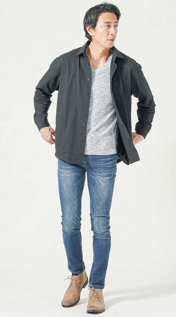 メンズにおすすめのぽっちゃり体型向けジーンズとレイヤードシャツの着こなし
