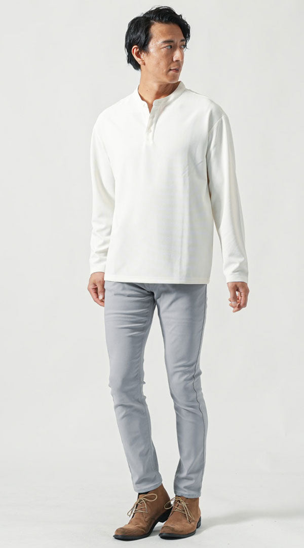 梅雨や夏の雨の日に快適なメンズワッフル生地カットソーのコーディネート