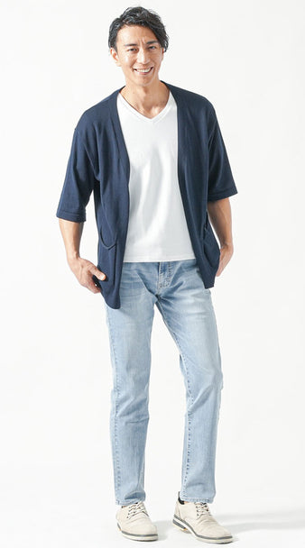 メンズにおすすめの最低気温22度コーデ 半袖カーディガンとデニムスタイル