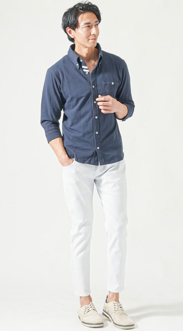 ネイビー七分袖ポロシャツ　白スキニーテーパードアンクルチノパンツ　グレーシューズ　snp_pq1181