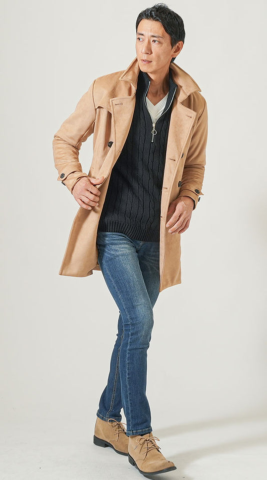 トレンチコート　ニットアウター　長袖Tシャツ　デニムパンツ　snp_qe0607