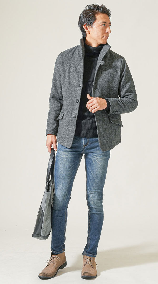 グレーツイードイタリアンスタンドカラージャケット　黒リブ編みスリムタートルネックニット　ネイビーデニムパンツ　メンズ コーデ 40代 50代 男性 人気 冬 に合う おすすめ 着こなし おしゃれ かっこいい