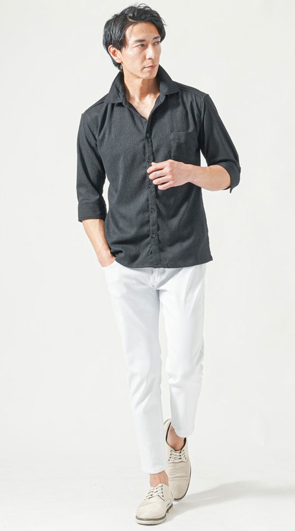 黒七分袖シャツ　白スキニーテーパードアンクルチノパンツ　グレーシューズ　snp_pq1134