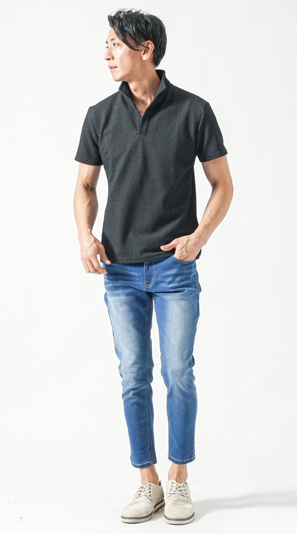 メンズにおすすめの黒ポロシャツとブルーデニムのちょいワルコーデ