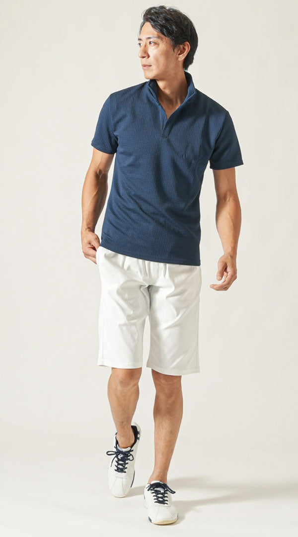 ネイビー半袖ポロシャツ　白ストレッチチノハーフパンツ　白スニーカー　snp_px0017