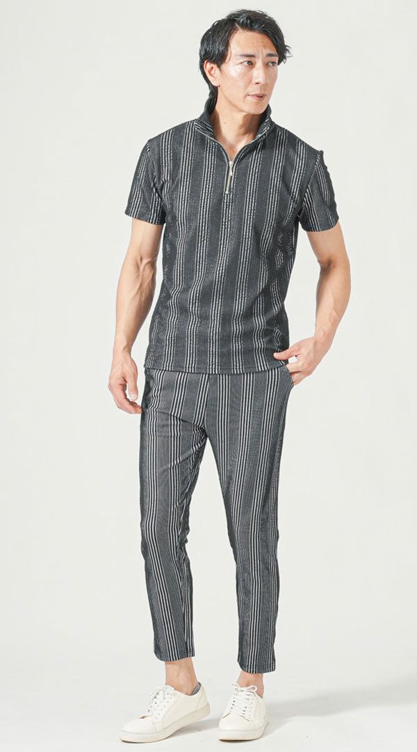 黒半袖ポロシャツ　黒アンクルパンツ　白スニーカー　snp_ps0378