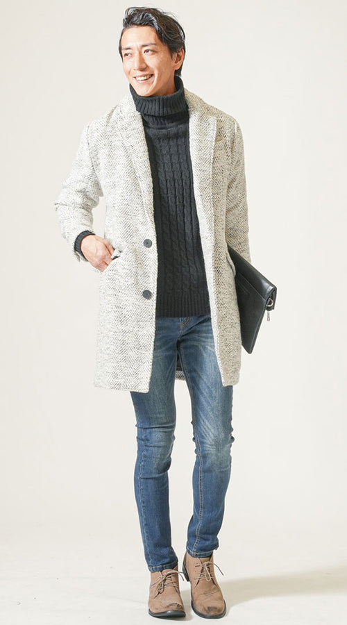 メンズにおすすめのツイードコートと色落ちデニムを合わせたカジュアルコーデ