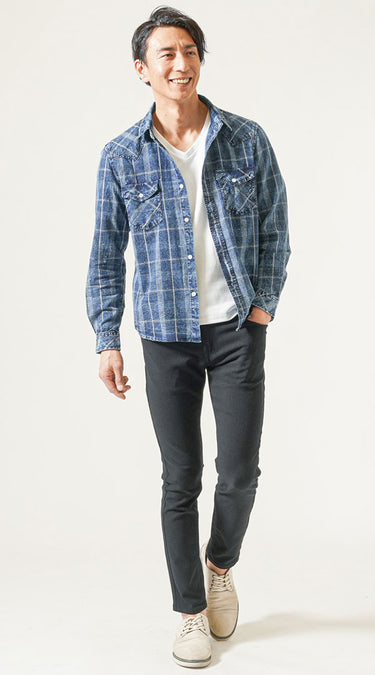 チェックシャツのメンズコーデ