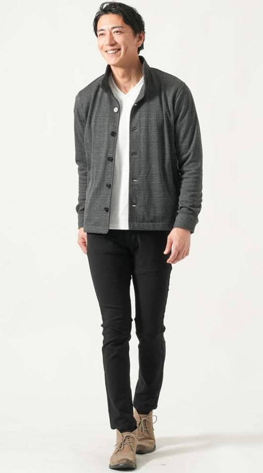 グレンチェックスタンドカラー長袖ジャケット　黒スキニーカラーチノパンツ　ベージュブーツ　snp_pk1876