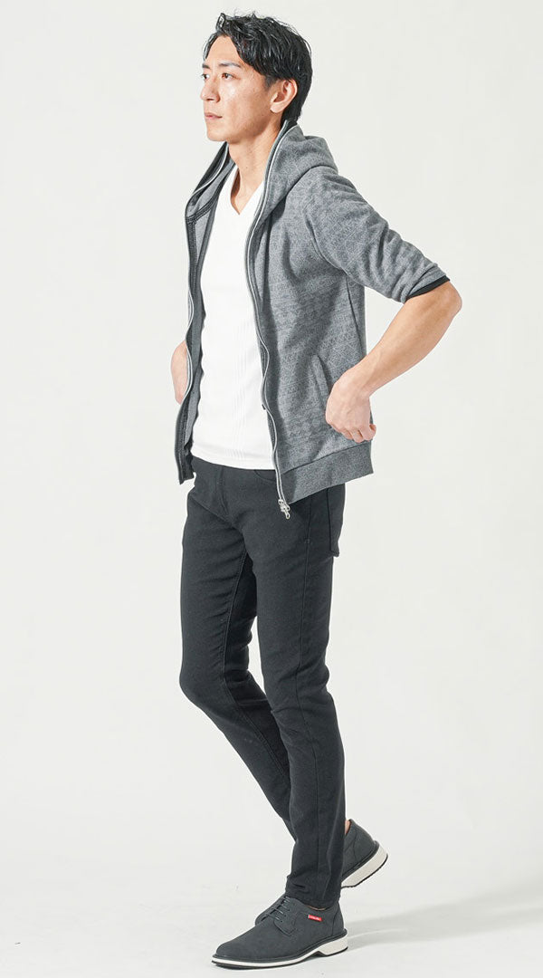 グレージップ五分袖パーカー　白半袖VネックTシャツ　黒スキニーチノパンツ　黒スエードローカットシューズ　snp_po0156