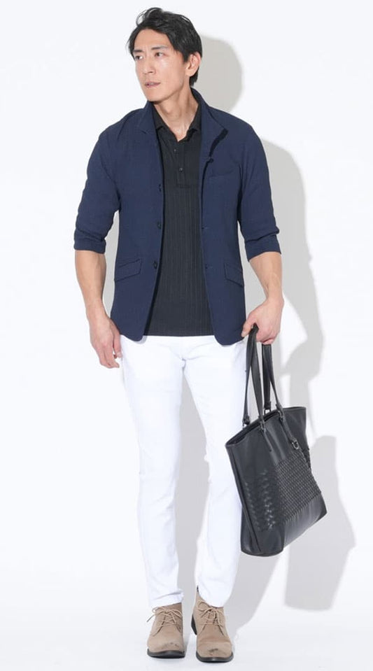 ネイビー楊柳イタリアンカラー7分袖ジャケット　白ジャガード半袖VネックTシャツ 　グレーストレッチ素材スキニーカラーチノパンツ　ベージュブーツ　snp_qt1077