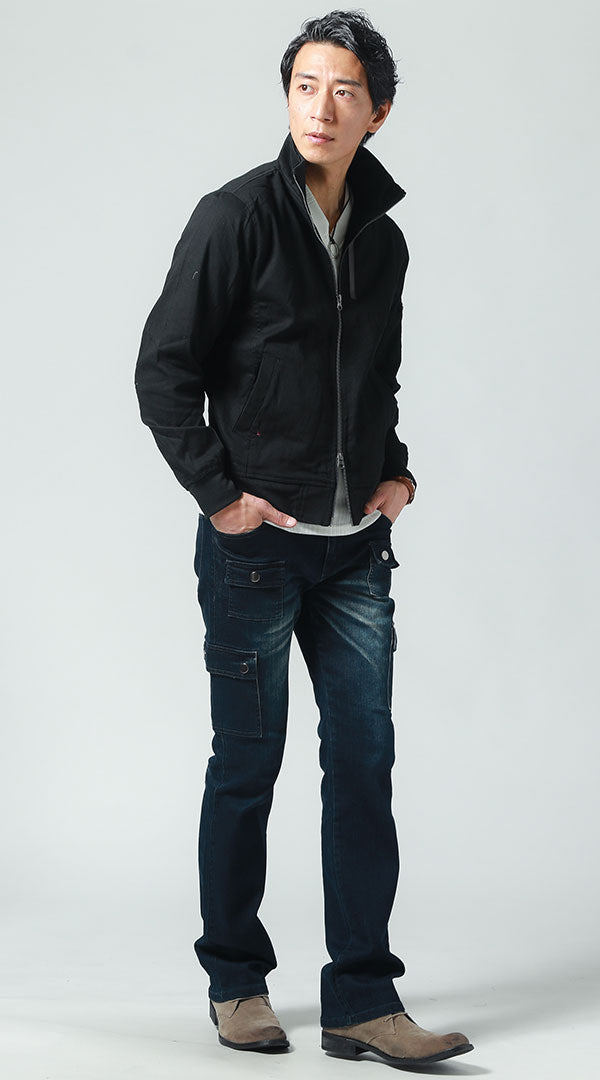 黒ミリタリージャケット　白長袖Tシャツ　デニムカーゴパンツ　snp_ix1752