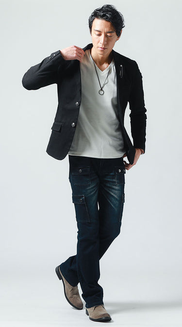 メンズにおすすめのデニムカーゴパンツのコーデ例