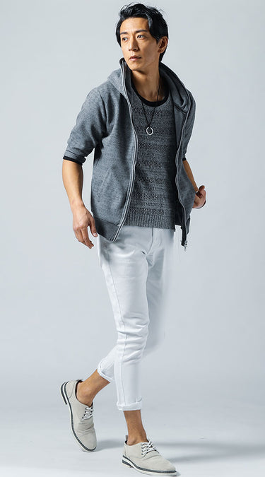 夏白パンツ×パーカー・ジャケットコーデ