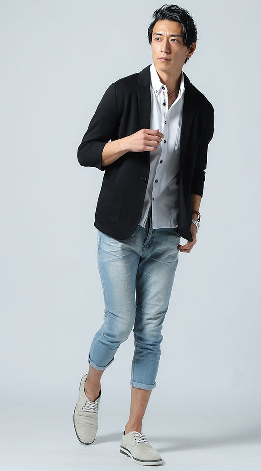 黒テーラードジャケット　白クールマックス素材シャツ　ブルーデニムパンツ　snp_je1496