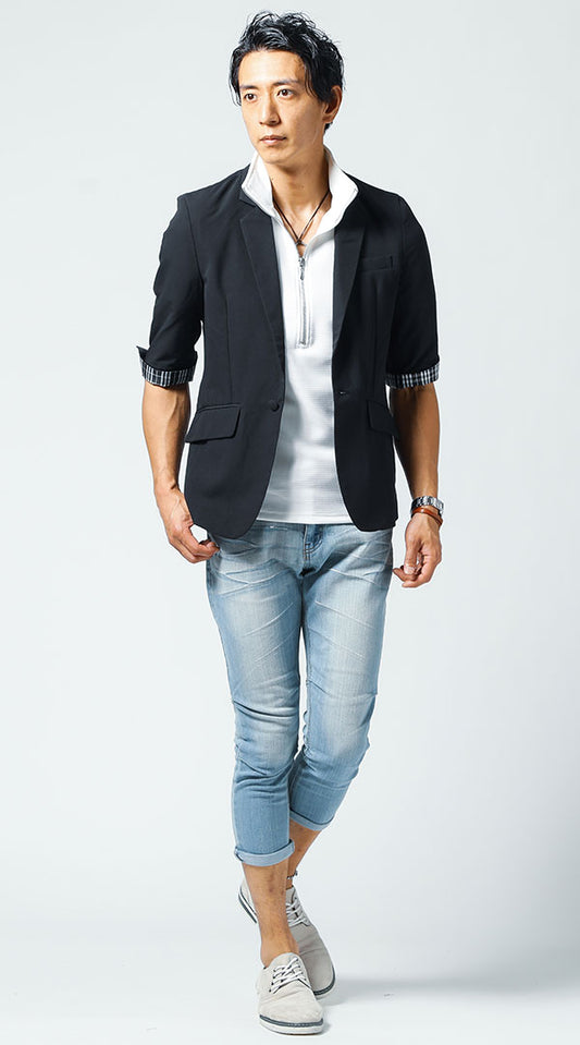 黒ジャケット　白ポロシャツ　ブルーデニムパンツ　snp_jk1661
