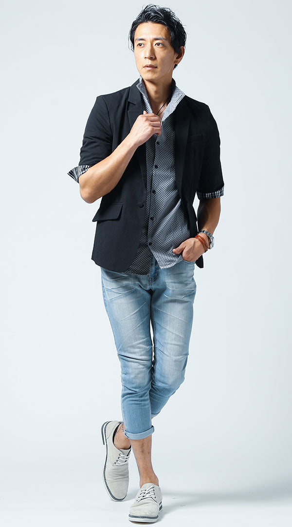 黒ジャケット　グレー７分袖チェックシャツ　ブルークロップドパンツsnp_jk1891