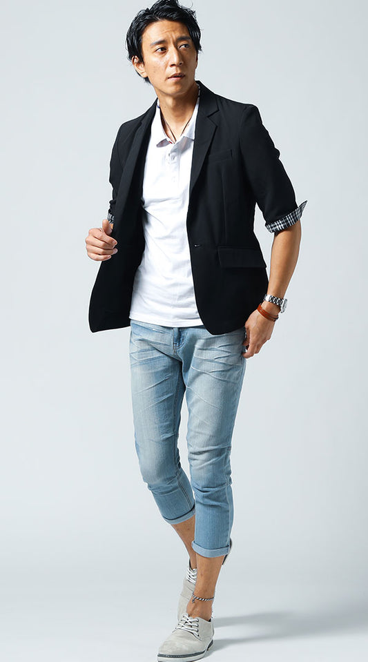 黒ジャケット　白ポロシャツ　ブルーデニムパンツ　snp_jn0902