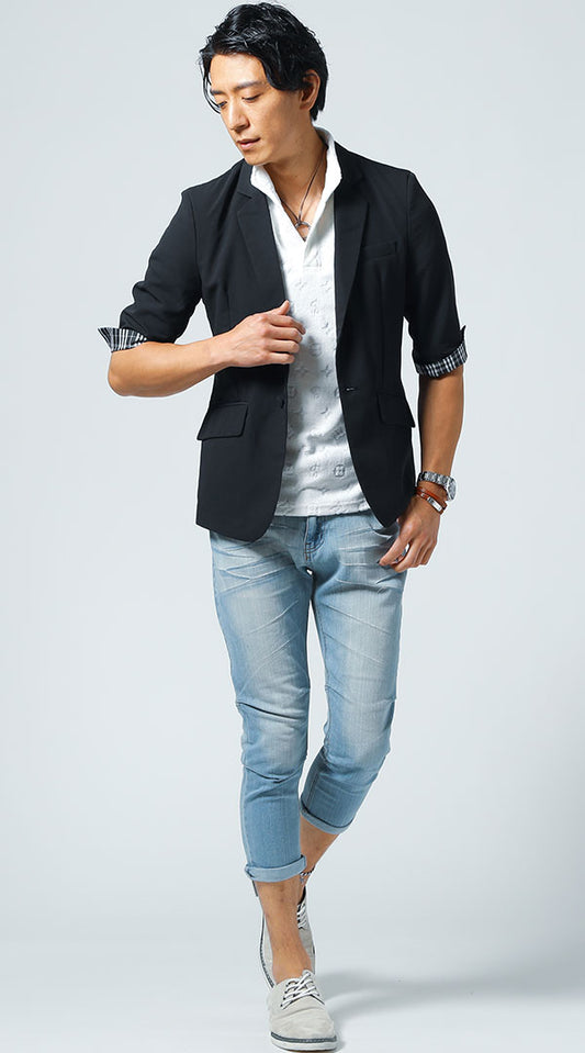 黒ジャケット　白スタンドカラーポロシャツ　ブルークロップドパンツ　snp_jn0657