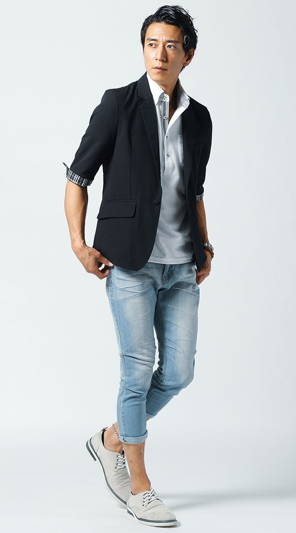 黒ジャケット　白半袖ポロシャツ　ブルークロップドパンツ　snp_jo0875