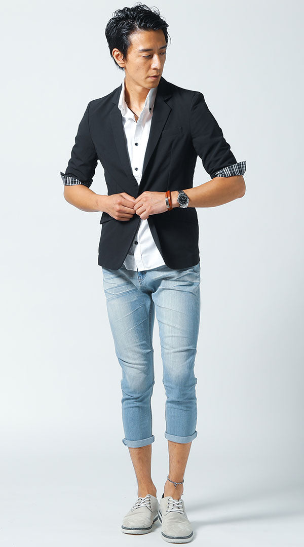 黒ジャケット　白ボタンダウンシャツ　ブルークロップドパンツ　snp_jo0556