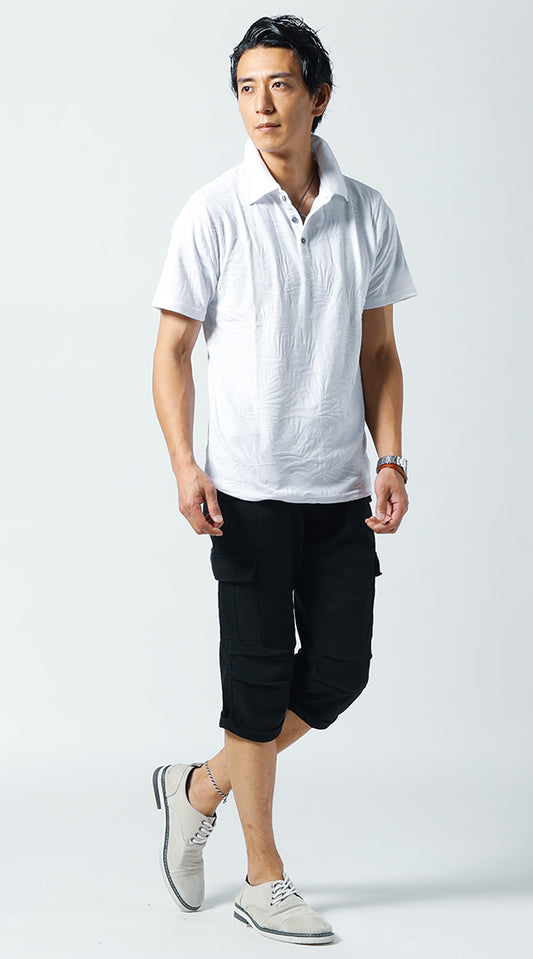 白リーフデザインポロシャツ　黒クロップドパンツ　グレーシューズ　snp_jo1921