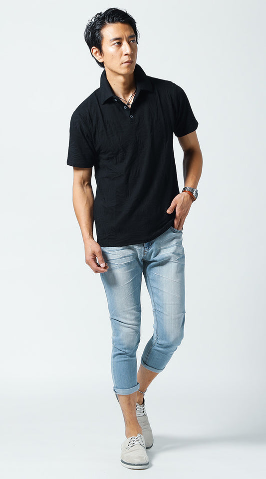 黒リーフデザインポロシャツ　ブルークロップドパンツ　グレーシューズ　snp_jo1041