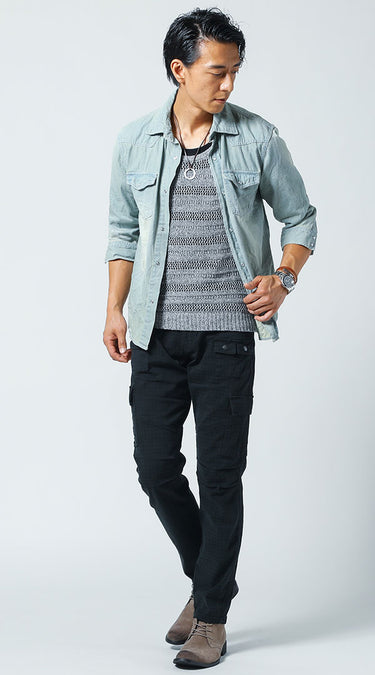 メンズにおすすめの黒カーゴパンツコのコーデ例