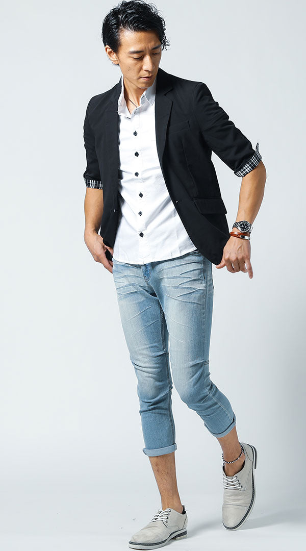 黒ジャケット　白７分袖コットンシャツ　ブルークロップドパンツ　snp_jp1675