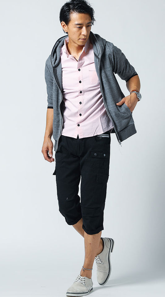 グレーパーカー　ピンク７分袖コットンシャツ　黒クロップドパンツ　snp_jp0095