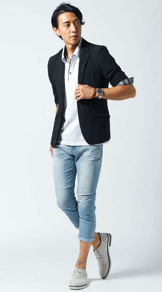 黒ジャケット　白ドット半袖ポロシャツ　ブルークロップドパンツ　snp_jr0203