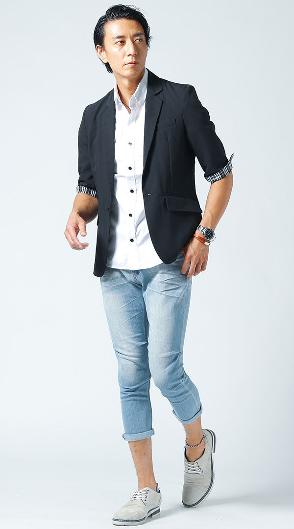 黒テーラードジャケット　白裏デザイン半袖シャツ 　ブルークロップドパンツ　snp_ju1184