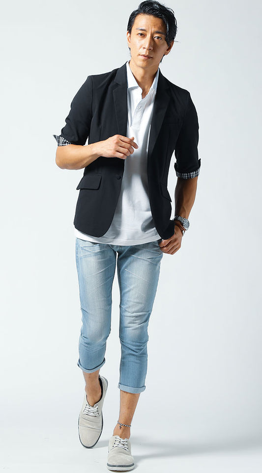 黒ジャケット　白ポロシャツ　ブルーデニムパンツ　snp_jt0618