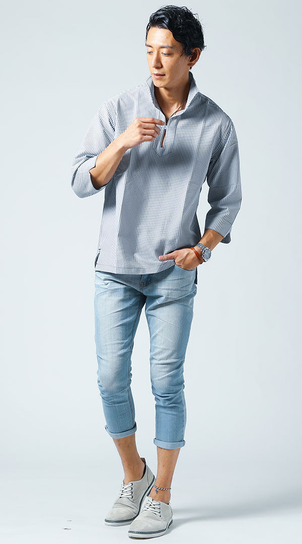 ホワイトネイビーシャツ ブルーデニムパンツ snp_jv1475の