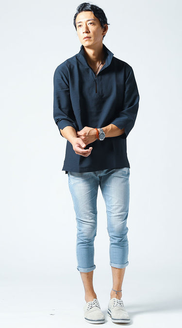 ネイビーシャツ夏のメンズコーデ