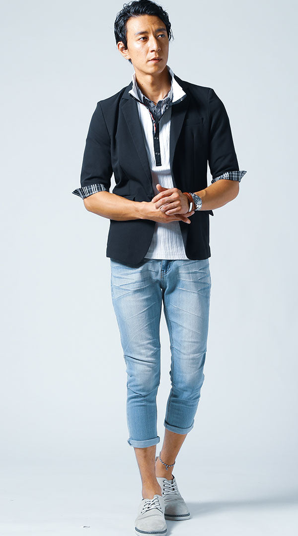 黒ジャケット　白ポロシャツ　ブルーデニムパンツ　snp_jv1117