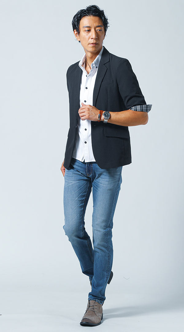 ジャケット×シャツを合わせた40代向けの夏のきれいめコーデ