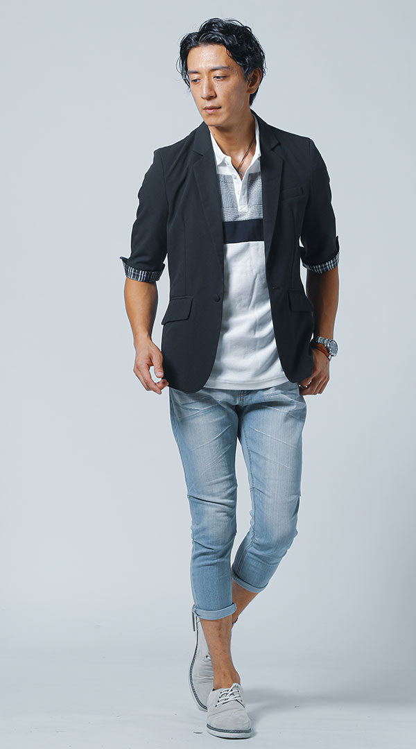 黒ジャケット　白ポロシャツ　ブルーデニムパンツ　snp_ka1631