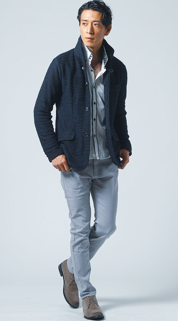 40代メンズにおすすめのネイビースタンドカラージャケットを使った秋の学校行事向けコーディネート